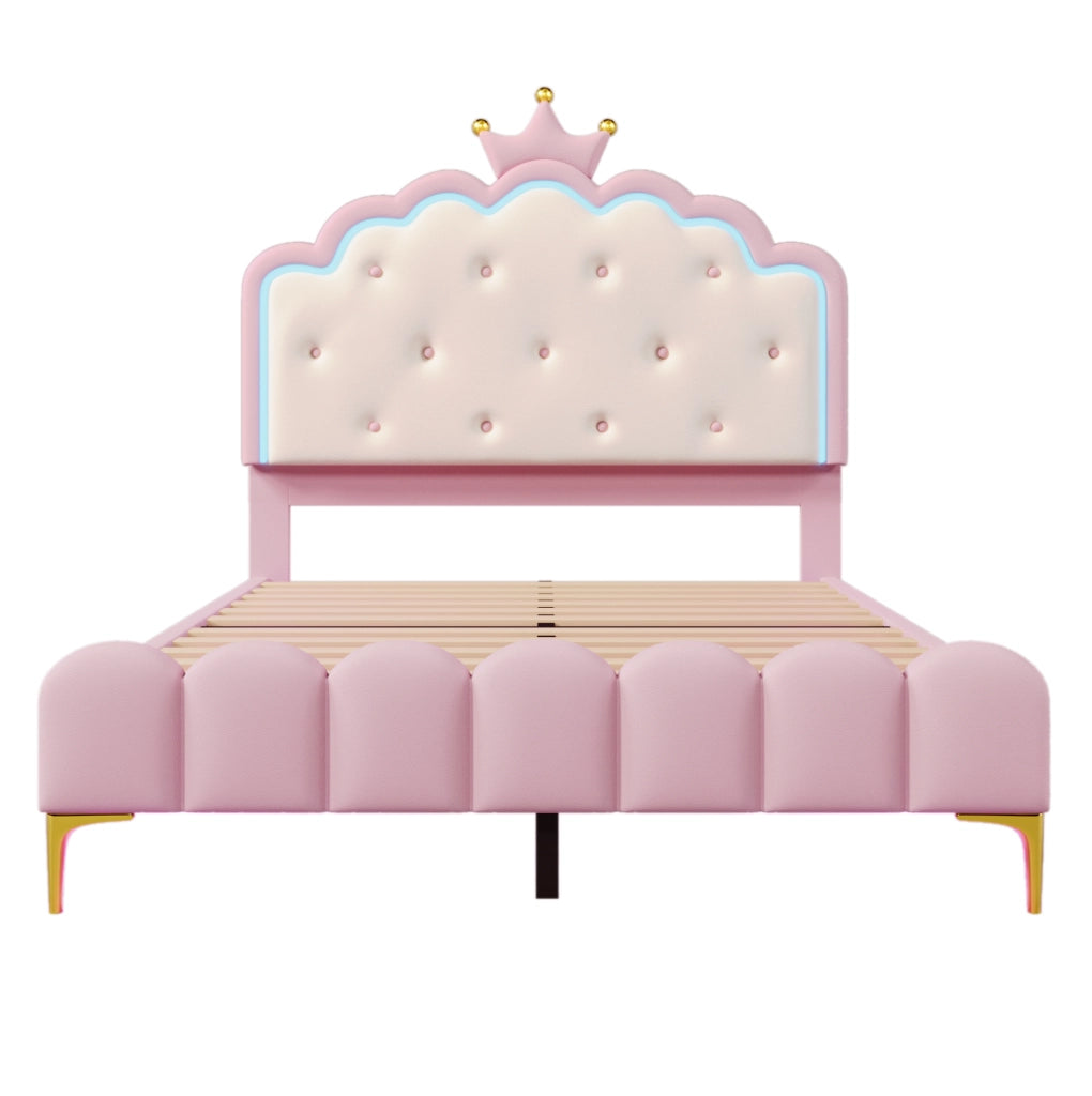 Letto principessa 140x200 cm con luci LED controllabili da app; PU; rosa (Senza materasso)