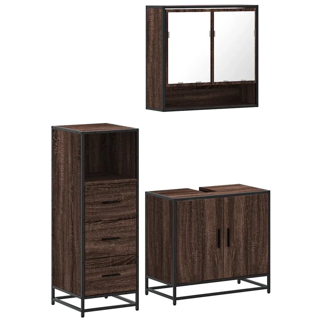 Set Mobili da Bagno 3 pz Rovere Marrone in Legno Multistrato