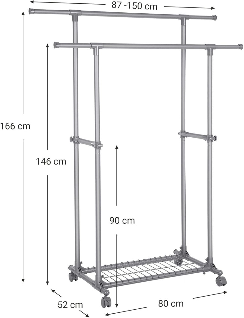 SONGMICS Appendiabiti a doppia barra, portaabiti, mobile estensibile tra 87 e 150 cm, con ruote e ripiano portaoggetti, capacità di carico 70 kg, per cappotti, sciarpe, grigio LLR13GY