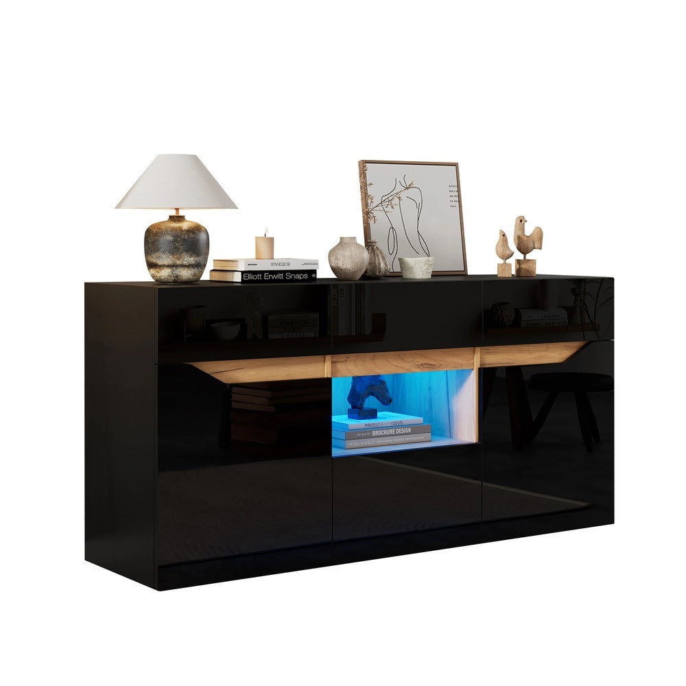 Credenza Soggiorno con Cassetti e LED ¨C MINIMAL ¨C Nero/Legno 140x40x70