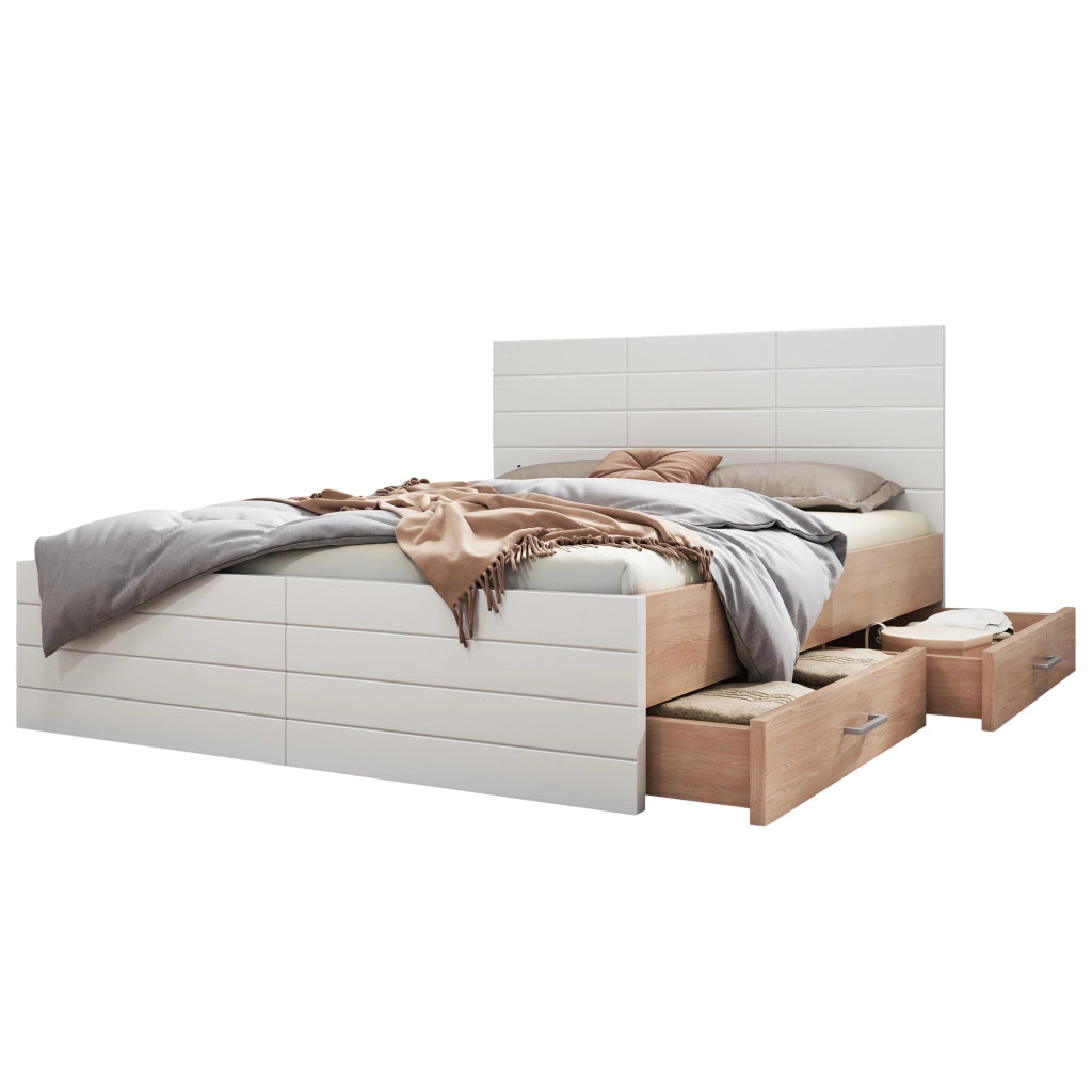 Letto matrimoniale 180x200 cm in legno con 2 cassetti, rete a doghe, bianco e quercia