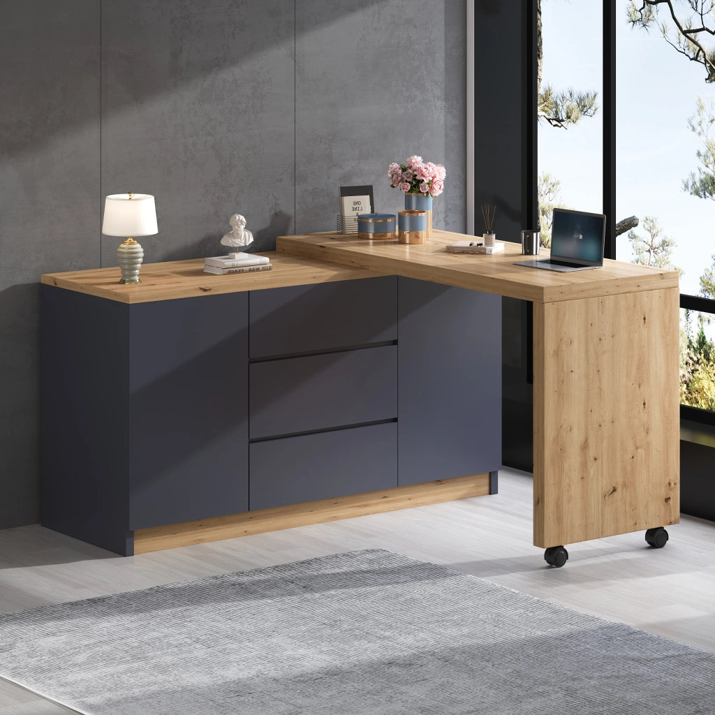 Scrivania pieghevole multifunzionale con 2 ante e 3 cassetti su ruote con freno in grigio quercia 120 × 50 × 76,5 cm