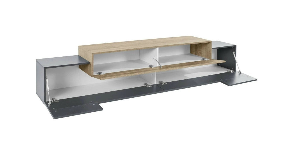 Mobile porta TV Tiche, Credenza bassa da soggiorno, Base porta TV, 100% Made in Italy, cm 240x45h52, Antracite e Acero