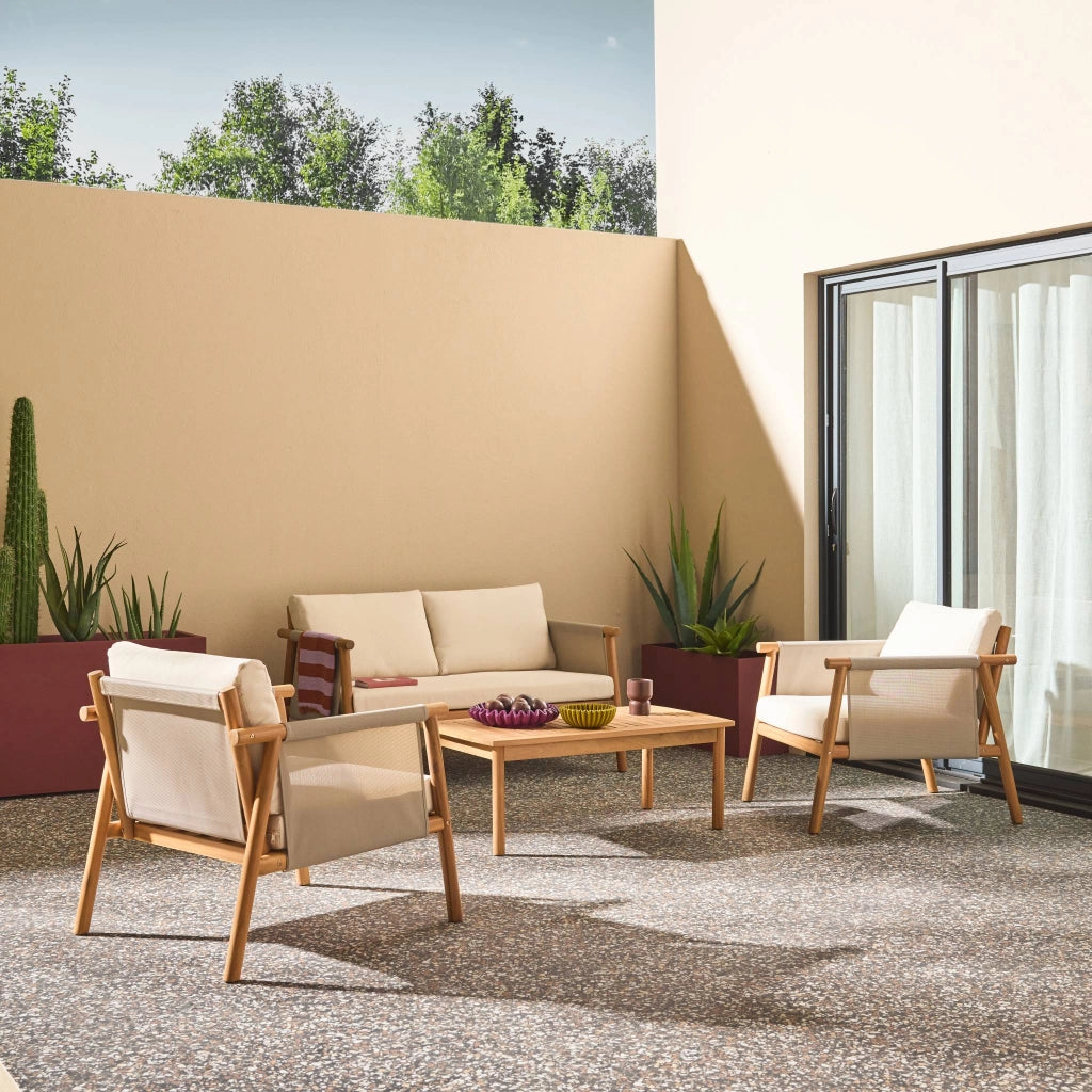 Salotto da giardino in legno di acacia e tessuto beige, 4 posti, beige