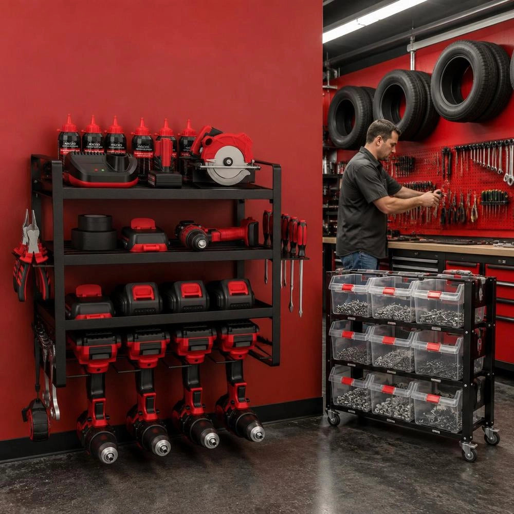 Tool Storage Wall Mount, 4-tier Storage Rack With 4 Drill Bit Holders, Tool Holder With Screwdriver Holder, Garage Tool Organizer For Garage, Workbench & Workshop