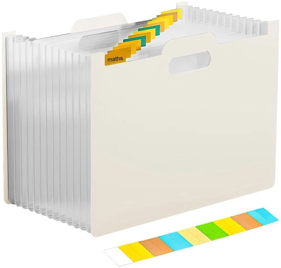 Map per documenti A4 con 13 compartimenti, organizzatore espandibile con etichette, organizzatore portatile con clip per penne, cartellone per la classificazione con grande capacità, mappe per documenti A4 espandibili, beige