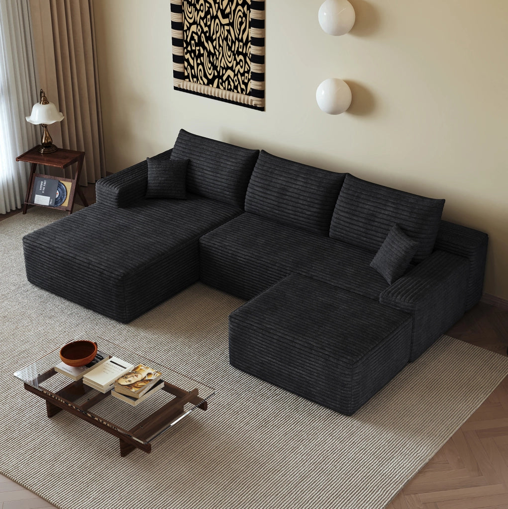 Divano in velluto a coste rigato nero 270 × 175 × 83 cm
