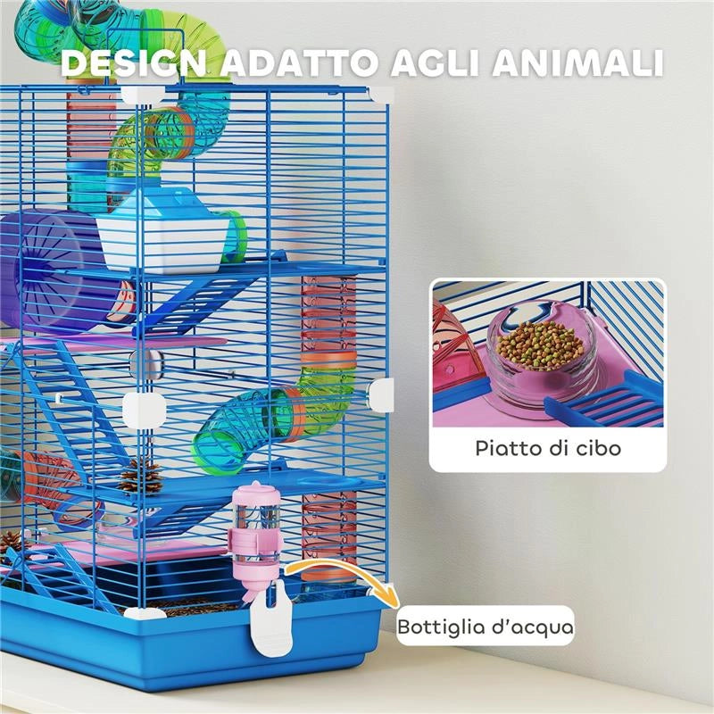GABBIA PER CRICETI A 5 LIVELLI CON TUBI, RUOTA, SCALE, CASETTA E BOTTIGLIA, 46X30X58 CM
