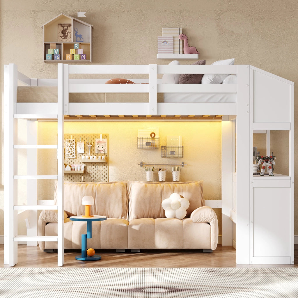 Letto a Soppalco 90x200 cm; Letto Singolo con 3 Cassetti; Mensole e LED - Bianco