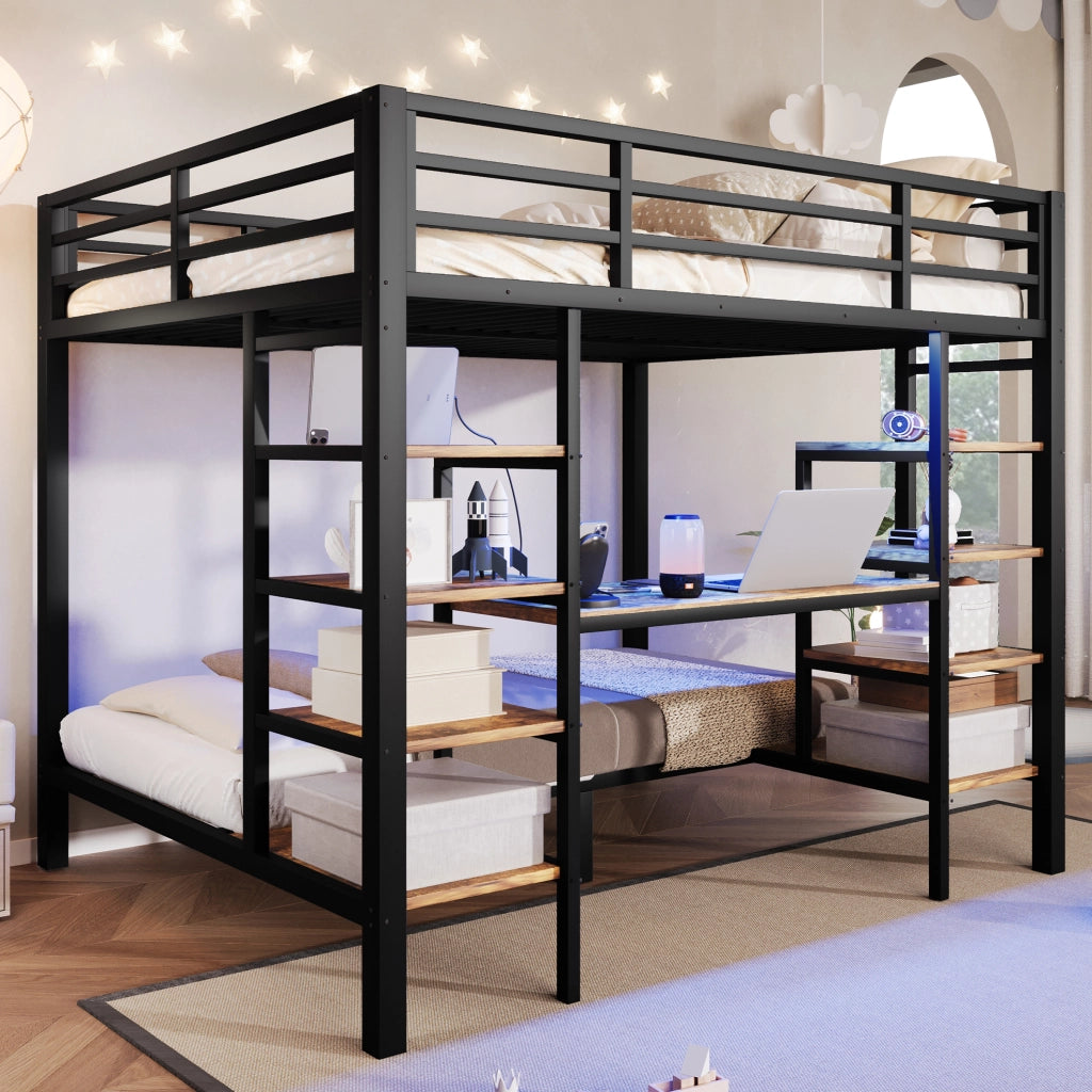 Letto a castello in metallo e MDF nero con prese USB; Type-C e luci LED; 90 x 200 cm e 140 x 200 cm