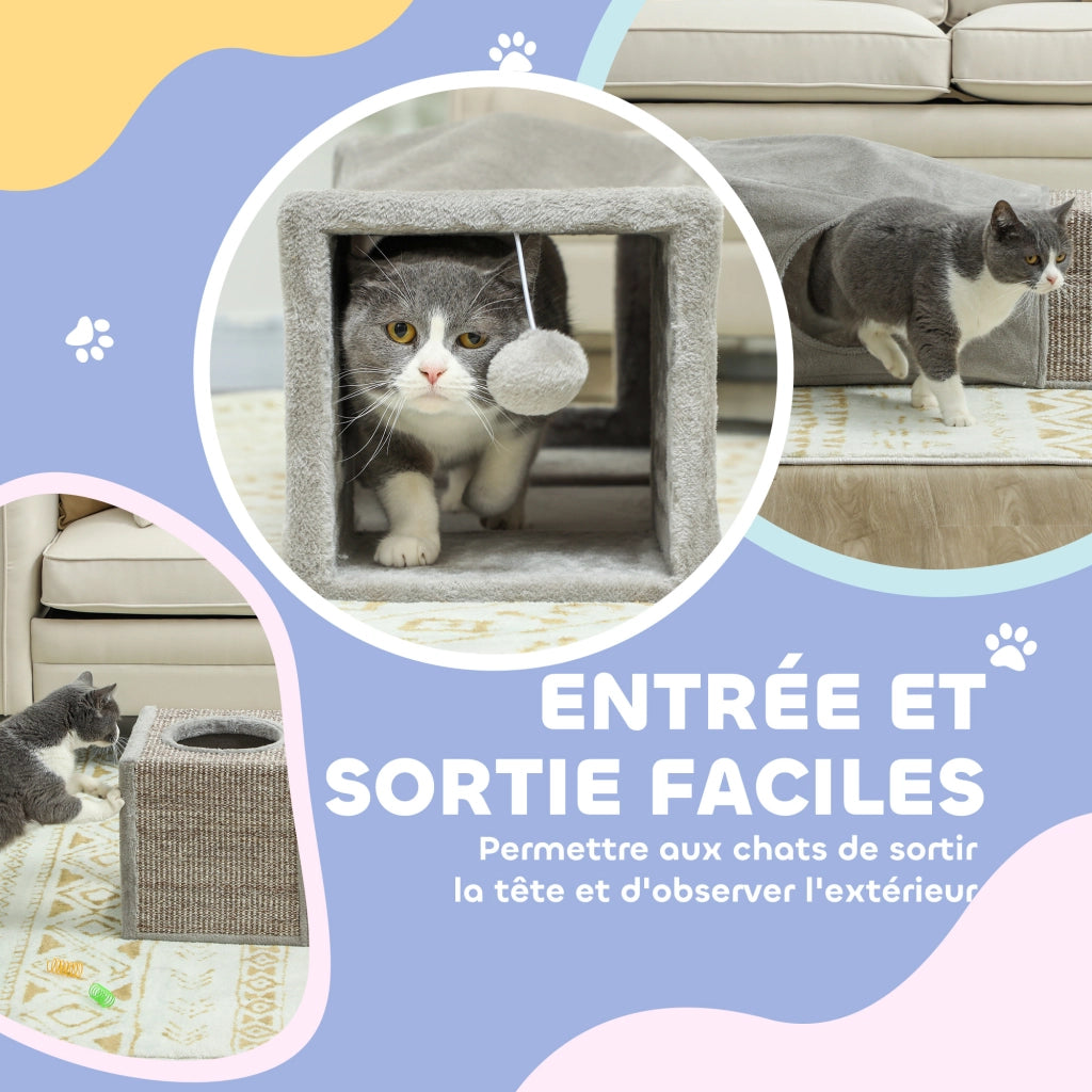 Tunnel Gioco per Gatti - Xylo - con Palla Sospesa e Sisal 98x30x30cm Grigio