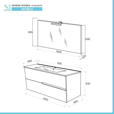 Mobile bagno sospeso 100 rovere grigio e bianco con lavabo e specchio  Eva