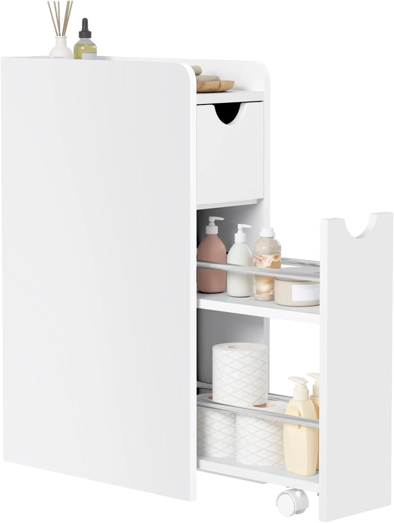 Mobile Bagno Stretto con 2 Cassetti, Mobiletto Compatto Salvaspazio, Armadietto Bagno Verticale, Multifunzionale con Ripiano Aperto, Bianco