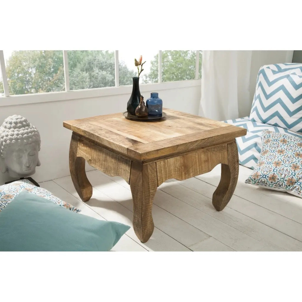 Tavolino basso LUNARA in legno massello di mango con piedi arcuati - tavolo quadrato design classico naturale