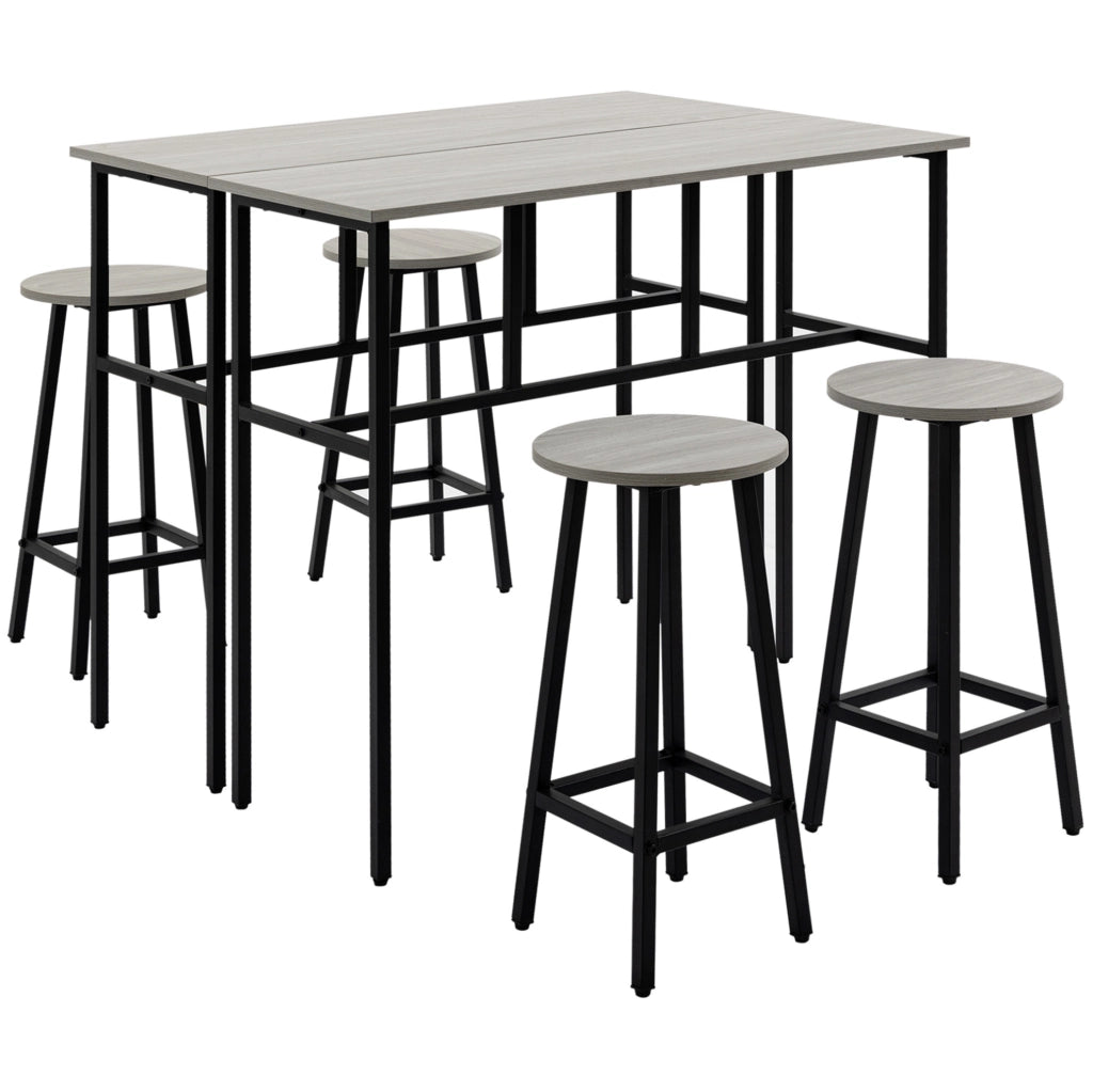 Set bar 6 pezzi con 2 tavoli e 4 sgabelli salvaspazio in legno e acciaio grigio