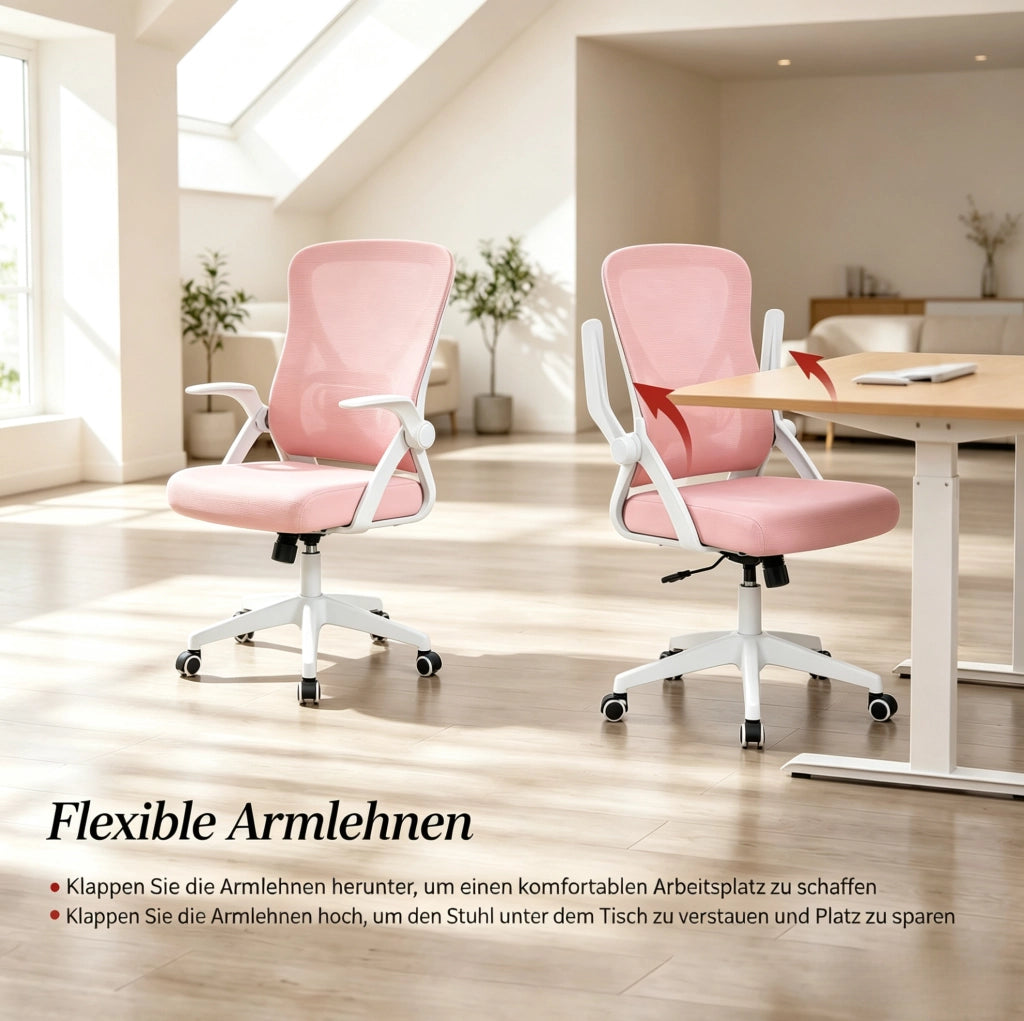 Sedia da ufficio ergonomica rosa girevole con braccioli pieghevoli