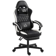 Sedia da Gioco con Poggiapiedi, Sedia da Computer con Cuscino per la Testa e per la Zona Lombare, Rivestimento in Similpelle, Girevole, Regolabile in Altezza, Metallo, Plastica, Nero+Bianco