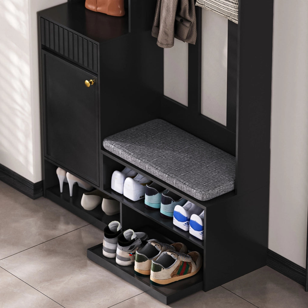 OKWISH Mobile da Ingresso con Panchina, 4 Ganci, Armadietto, 2 Cassetti e Vani Aperti, per Ingresso, MDF, Nero, 100 x 35 x 180 cm