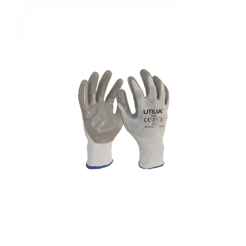 Guanti da lavoro UTILIA nitrile nylon grigio dorso aerato polsino elasticizzato TG. 10