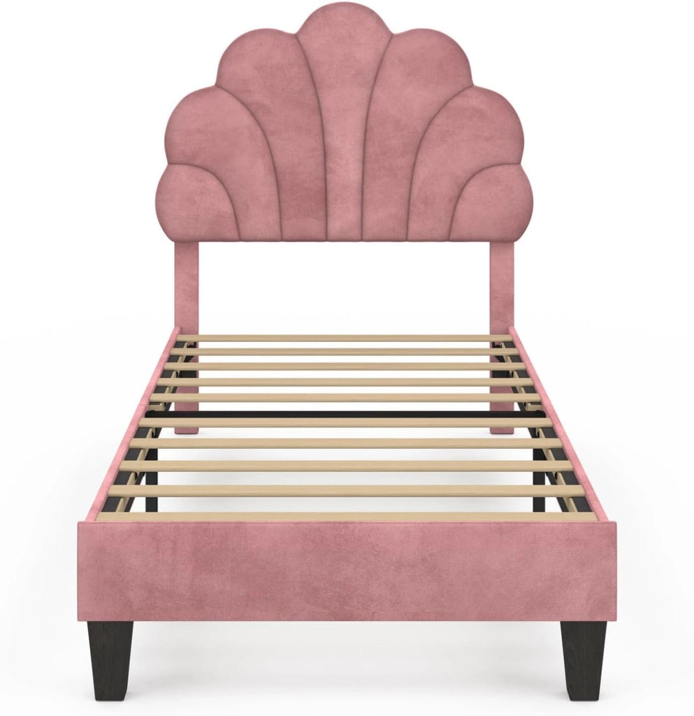 Letto singolo a conchiglia AMANDA 90 x 190 cm con base in velluto rosa cipria