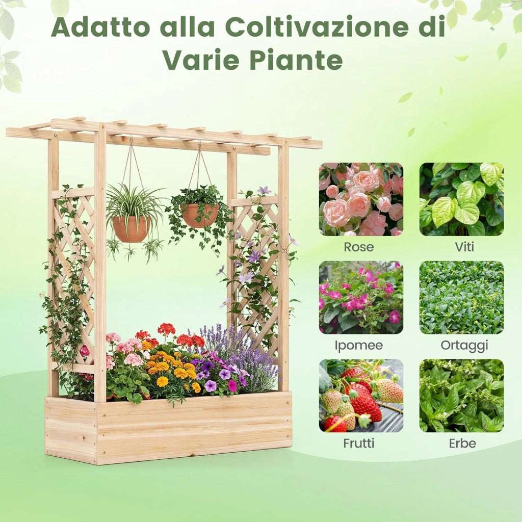 Fioriera Rialzata con Grigliato, Letto da Giardino Rialzato in Legno con Traliccio, Tetto e Fori di Drenaggio, Aiuola Elevata per Piante Rampicanti, Viti e Fiori (Naturale,110 x 35 x 114 cm)