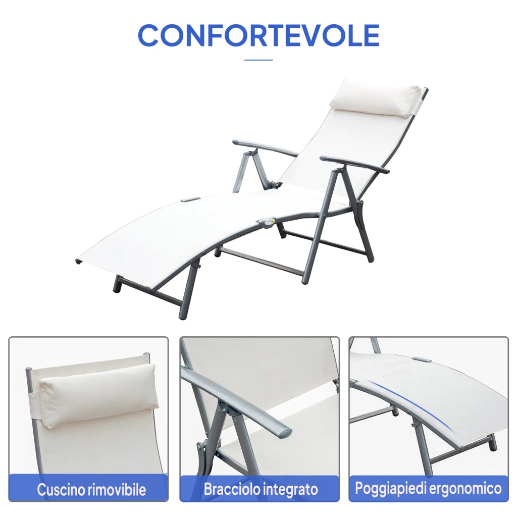 Lettino da Giardino Piscina Pieghevole Schienale Regolabile Crema Bianco 180x63.5x65 cm