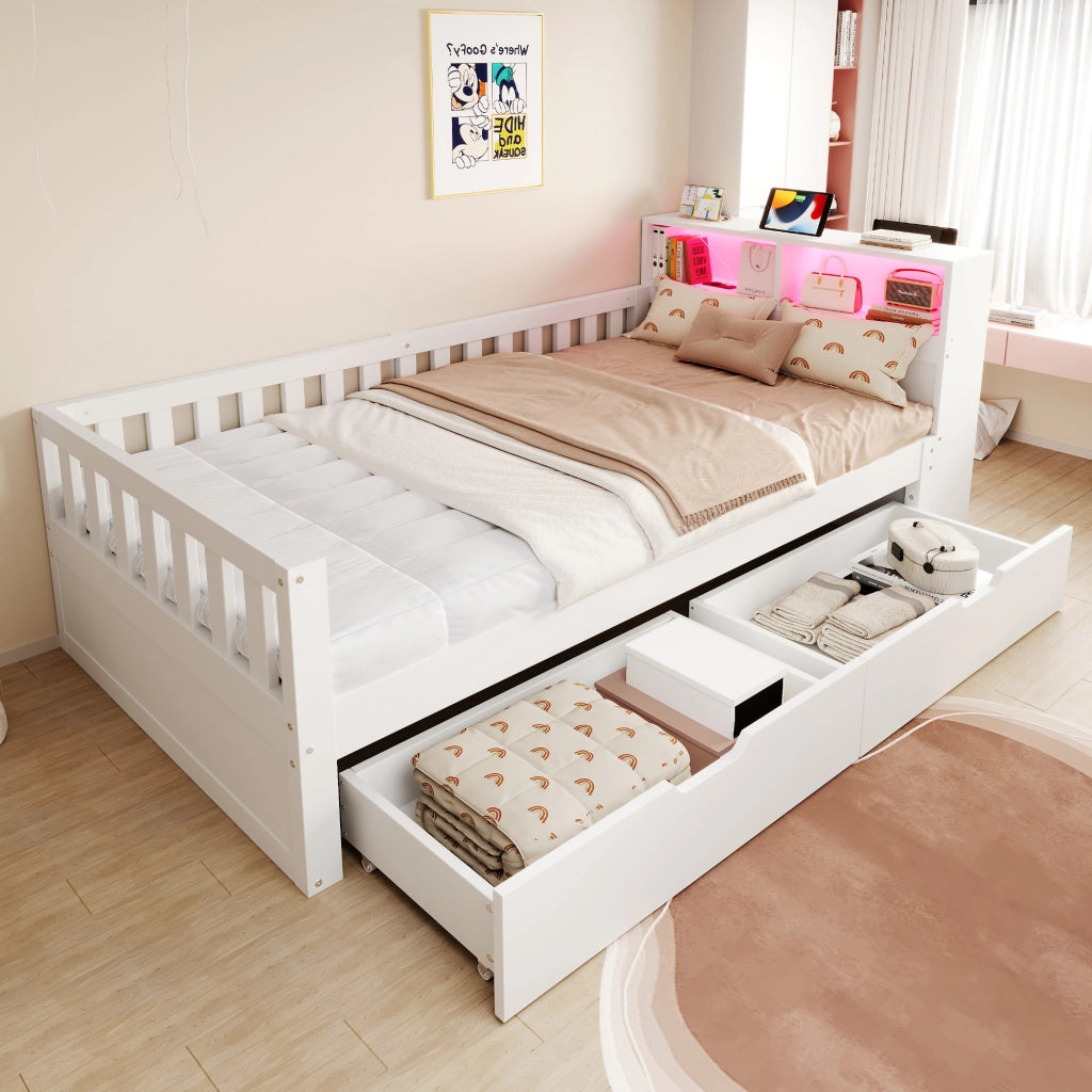 Letto singolo 90×200 cm con cassetti; ripiani; LED; USB; Type-C e sponde di sicurezza; senza materasso; legno; bianco