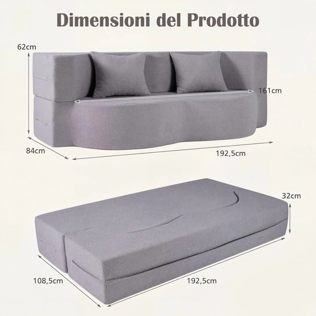 2 in 1 Divano Letto Pieghevole, Divano a 2 Posti in Pile Teddy con 2 Cuscini Comodi, Nessun Montaggio, Divanetto Convertible Moderno per Soggiorno Camera Ospiti, 192,5x84x62 cm (Grigio)