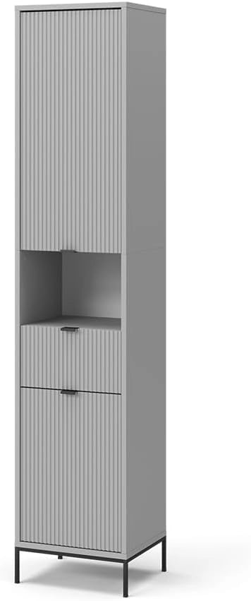Armadio per il bagno Eliza, Grigio, 40 x 190 cm con ante e cassetto, per la conservazione di accessori da bagno e combinabile con la serie Eliza