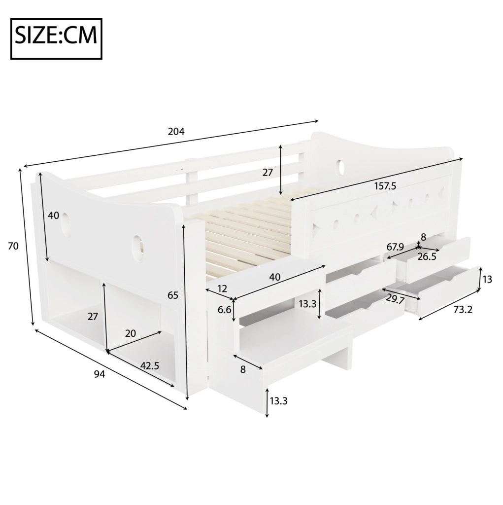 Letto per bambini multifunzionale 90x200 cm con cassetti; vani contenitore; LED e USB; bianco