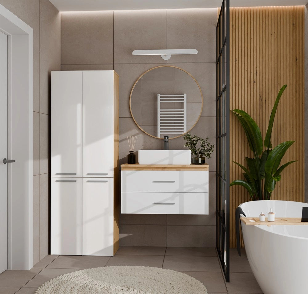 Mobile bagno NEL 2k DD colonna 2 kosze per bucato bianco lucido rovere artisan