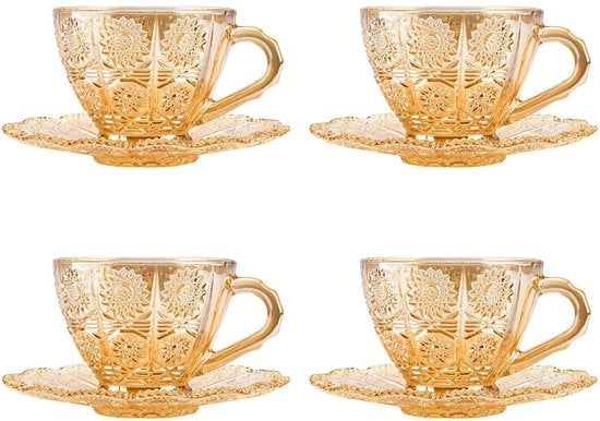 Set di Tazze da Tè in Vetro da 4 - 150 ml - Bollitori da Caffè Vintage - Adatto per Microonde/Lavastoviglie - Motivo di Fiori Elegante - Per Bevande Calde/Fredde
