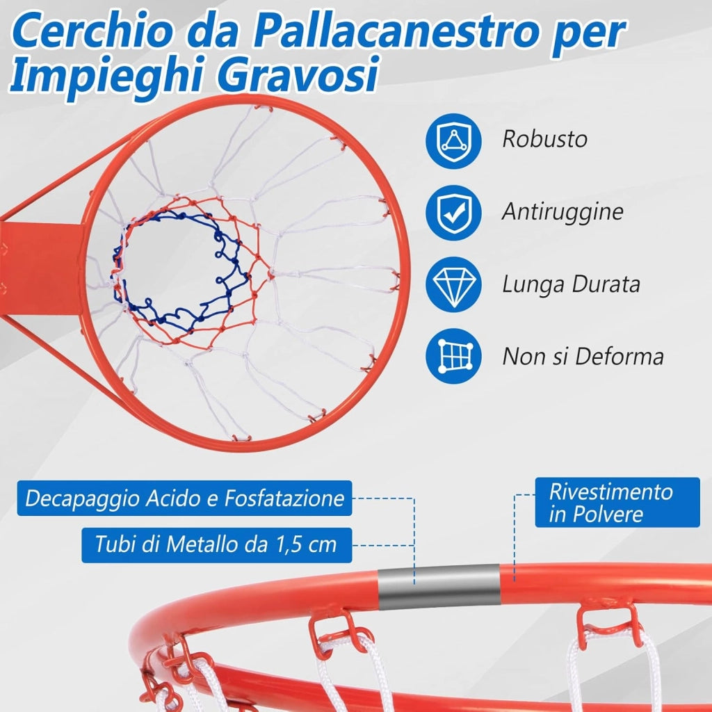 Canestro da Basket a Parete, Anello da Pallacanestro da Muro per Bambini e Adulti con Rete Antipioggia, Cerchio Universale da Basket per Interni ed Esterni