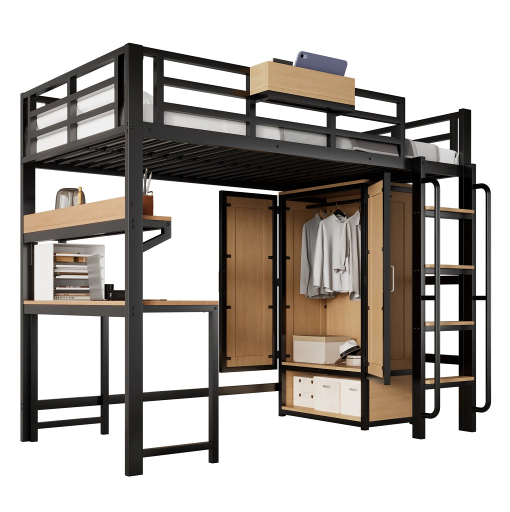 Letto a soppalco 90x200 cm in metallo e MDF nero e naturale con armadio; scrivania e scaffale