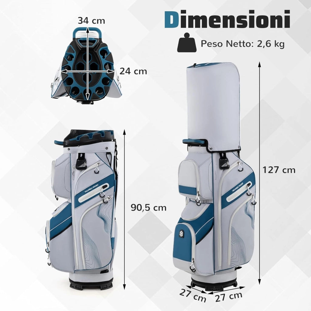 Borsa Carrello da Golf, Sacca da Golf con Serratura e Divisori a 14 Vie, 11 Tasche, Sacca Isolante, Tracolla Imbottita, Maniglie, Porta Ombrello e Cappuccio Antipioggia
