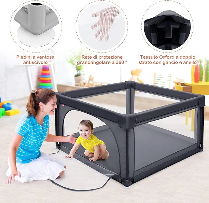 Box per Bambini, Centro Attività Portatile con Cancelli di Sicurezza, Recinto Resistente con Ventose Antiscivolo e Pareti a Rete Traspirante, Cancello per Giocare con 50 Palline (Grigio Scuro)