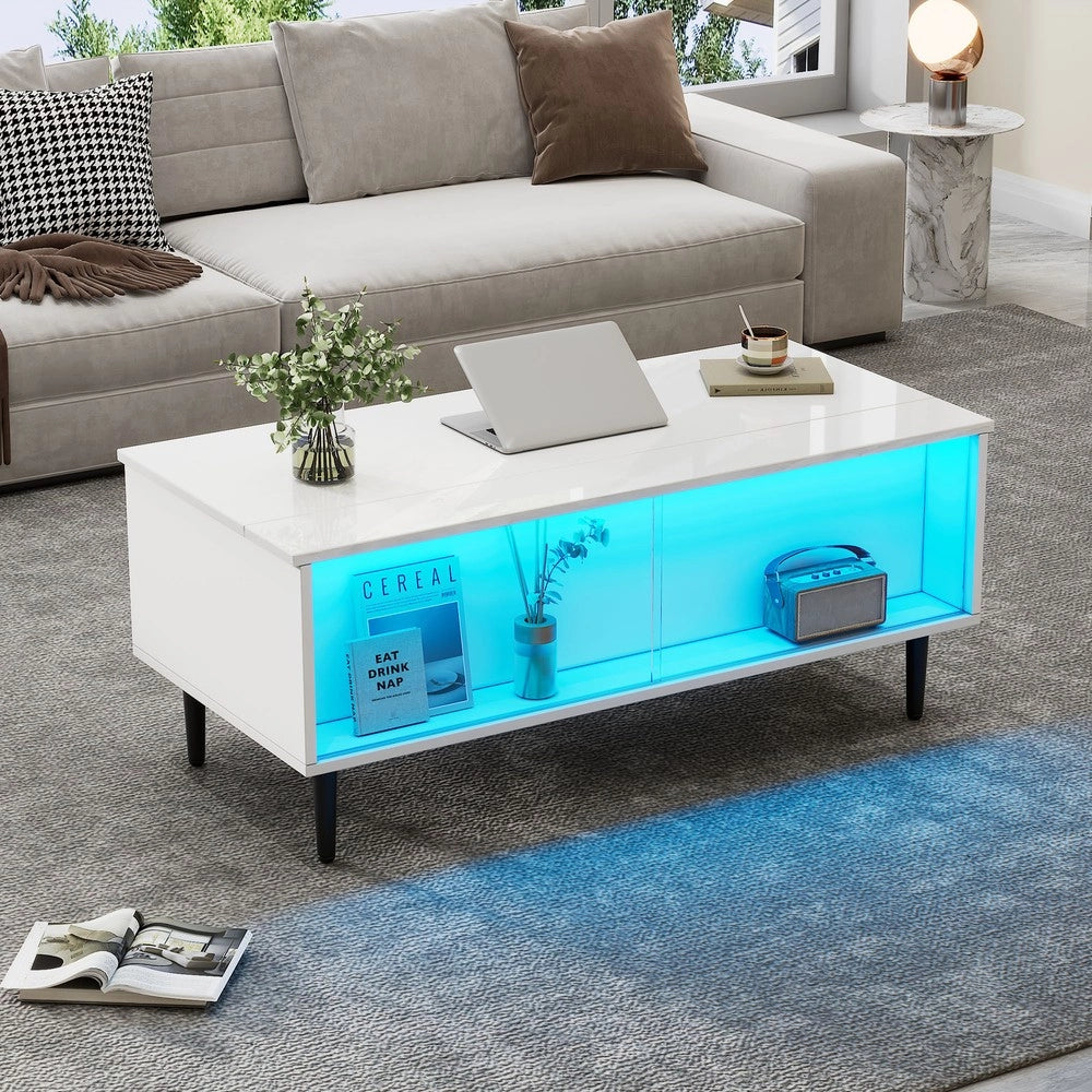 Tavolino da Caff¨¨ con LED e Ripiano in Vetro Temperato ¨C MINIMAL ¨C Bianco 105x50x43