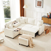 Divano angolare convertibile con funzione letto, tavolino ribaltabile, lampada, USB e Type-C, in Chenille, Beige