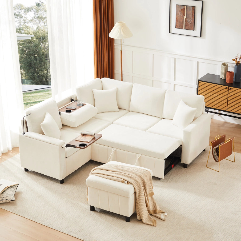 Divano angolare convertibile con funzione letto, tavolino ribaltabile, lampada, USB e Type-C, in Chenille, Beige
