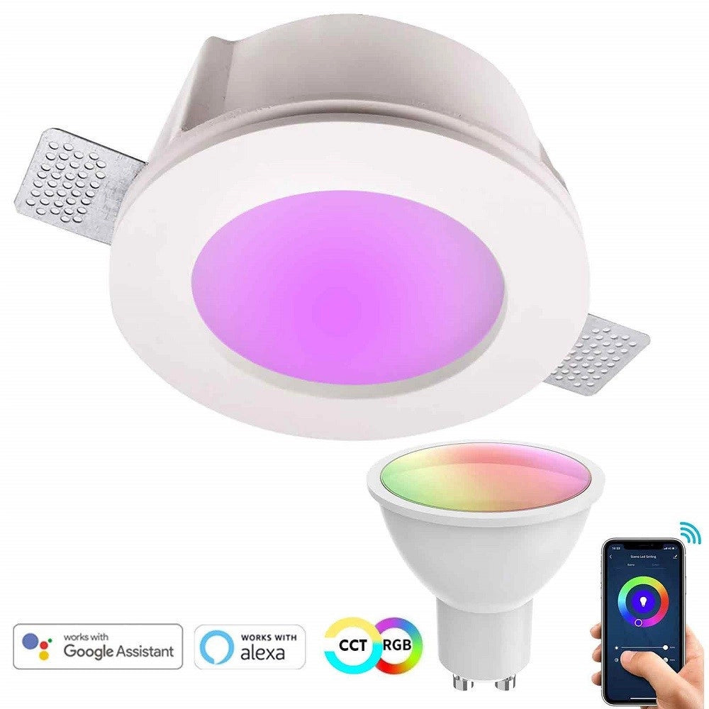 Trade Shop - Faretto Smart Gesso Tondo Led Gu10 Wifi Luce Incasso Rgb Cct Alexa Google 125mm -