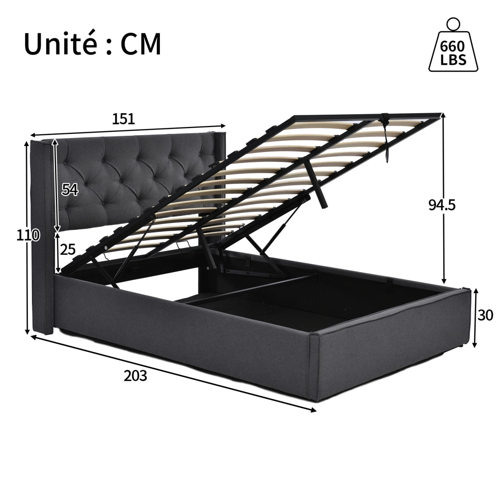 OKWISH Letto Contenitore 140×200 cm, Letto Matrimoniale con Testiera Imbottita e Vano Contenitore, senza Materasso, in Cotone, Grigio