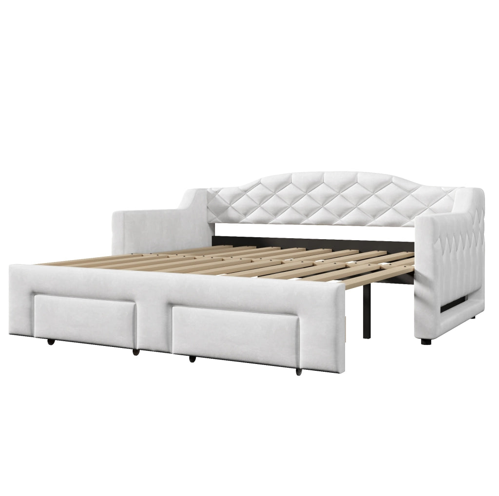 Letto imbottito 90x200 cm estensibile con LED e cassetti in MDF e compensato bianco