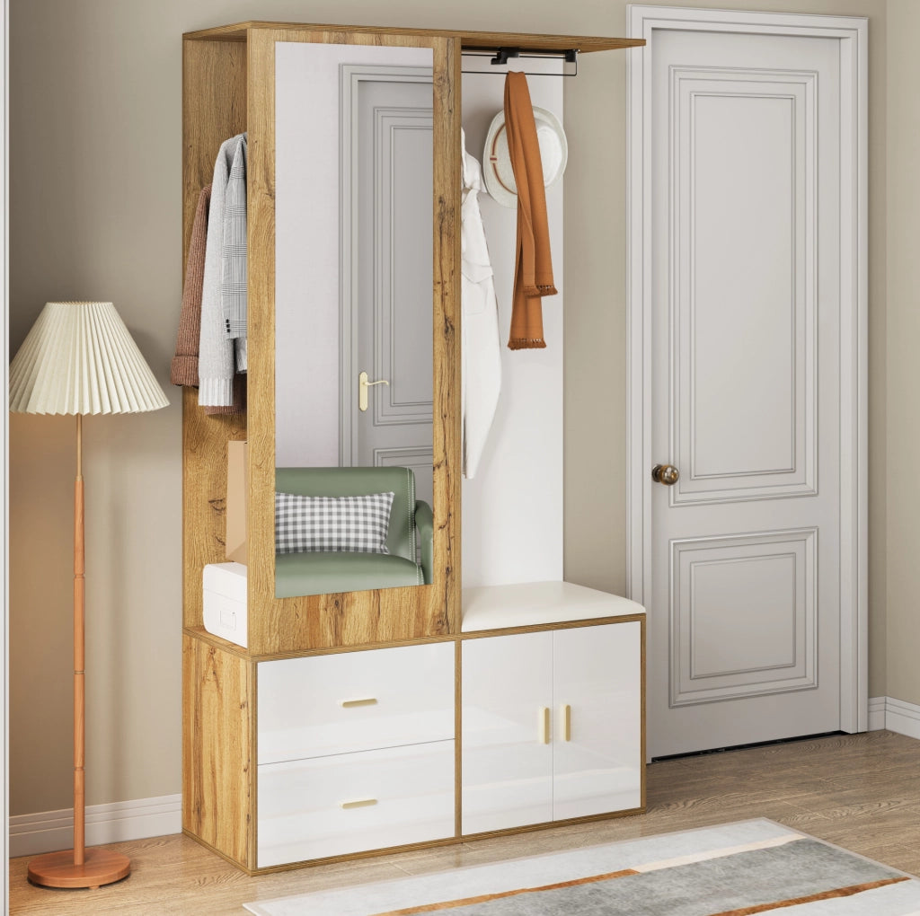 Garderoba da ingresso con specchio; panca portascarpe e appendiabiti estraibile 100x38x180 cm; bianco e naturale