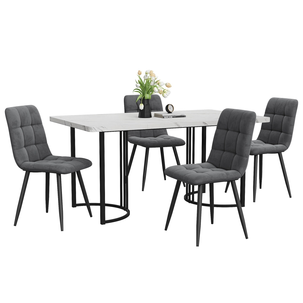 Set tavolo e 4 sedie 140x80 cm in MDF bianco e metallo nero, 5 pezzi