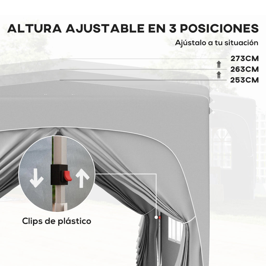 Gazebo pieghevole 3x3m con altezza regolabile 3 livelli 4 pareti finestre UPF50+ impermeabile grigio