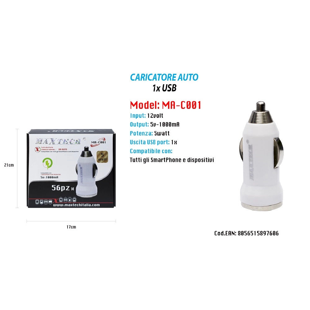 Trade Shop - Set 56 Pz Caricatore Usb Auto Presa Universale Accendisigari 5v-1000ma Ma-c001 -