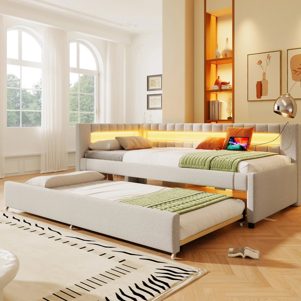 Letto 90x200 cm con LED; letto estraibile; USB e Type-C in lino beige