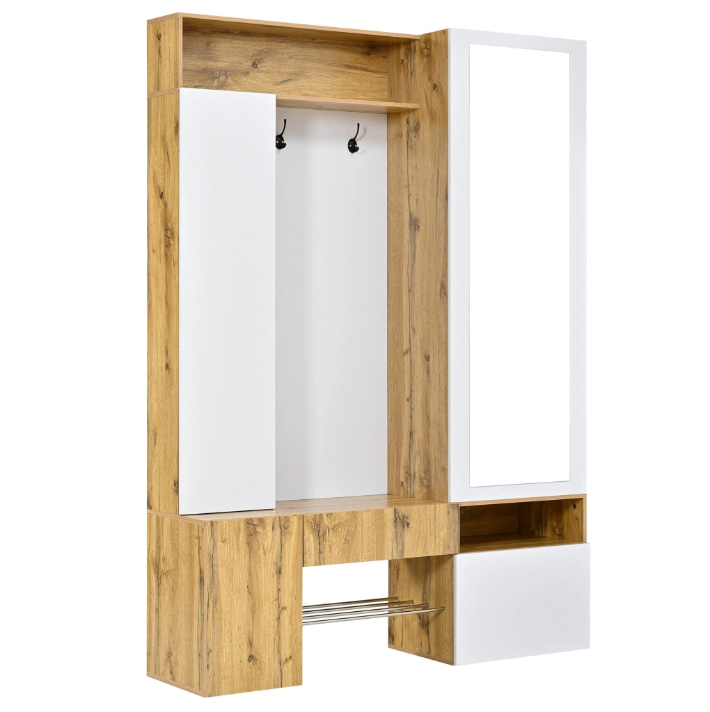 Mobile ingresso con specchio e scarpiera 127x35x180,5 cm in MDF bianco e naturale HAVRYA