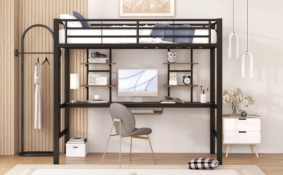 DESMIU Letto A Soppalco Singolo con Scrivania, 2 Scaffali e Scala 90 × 200 cm, Senza Materasso, Metallo Nero