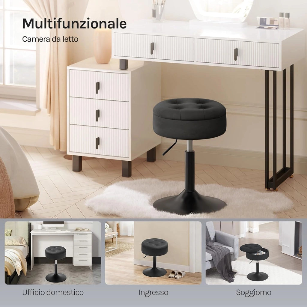 Set di 2 Sgabelli Piccolo da Bar in Velluto e Metallo, Sedia da Pranzo con Vano Portaoggetti, Sgabello Rotondo Girevole, Altezza Regolabile tra 49,5-65cm, Nero BH329sz-2